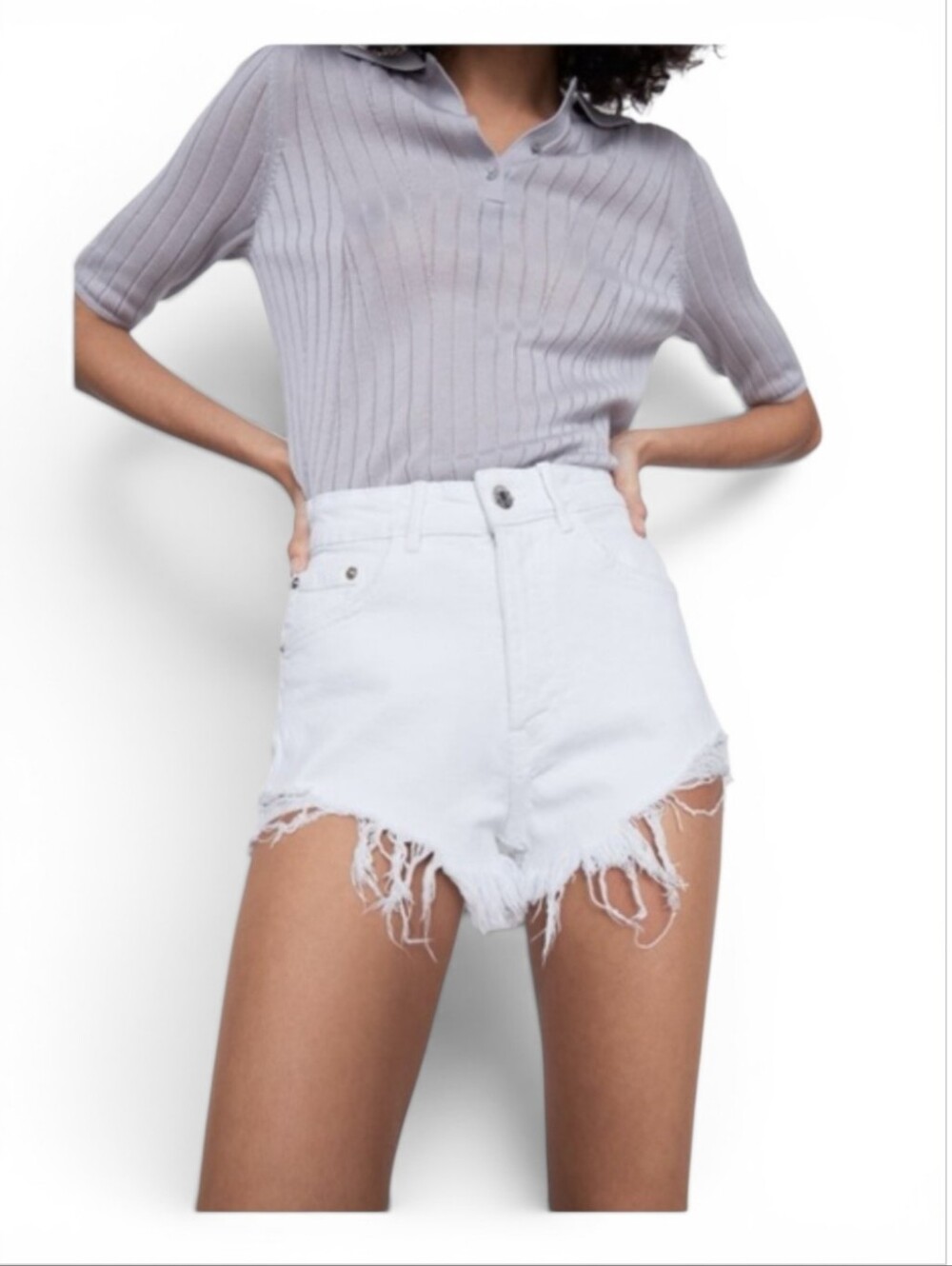 Zara White Denim Distressed High Rise Short shorts Womens Size 6